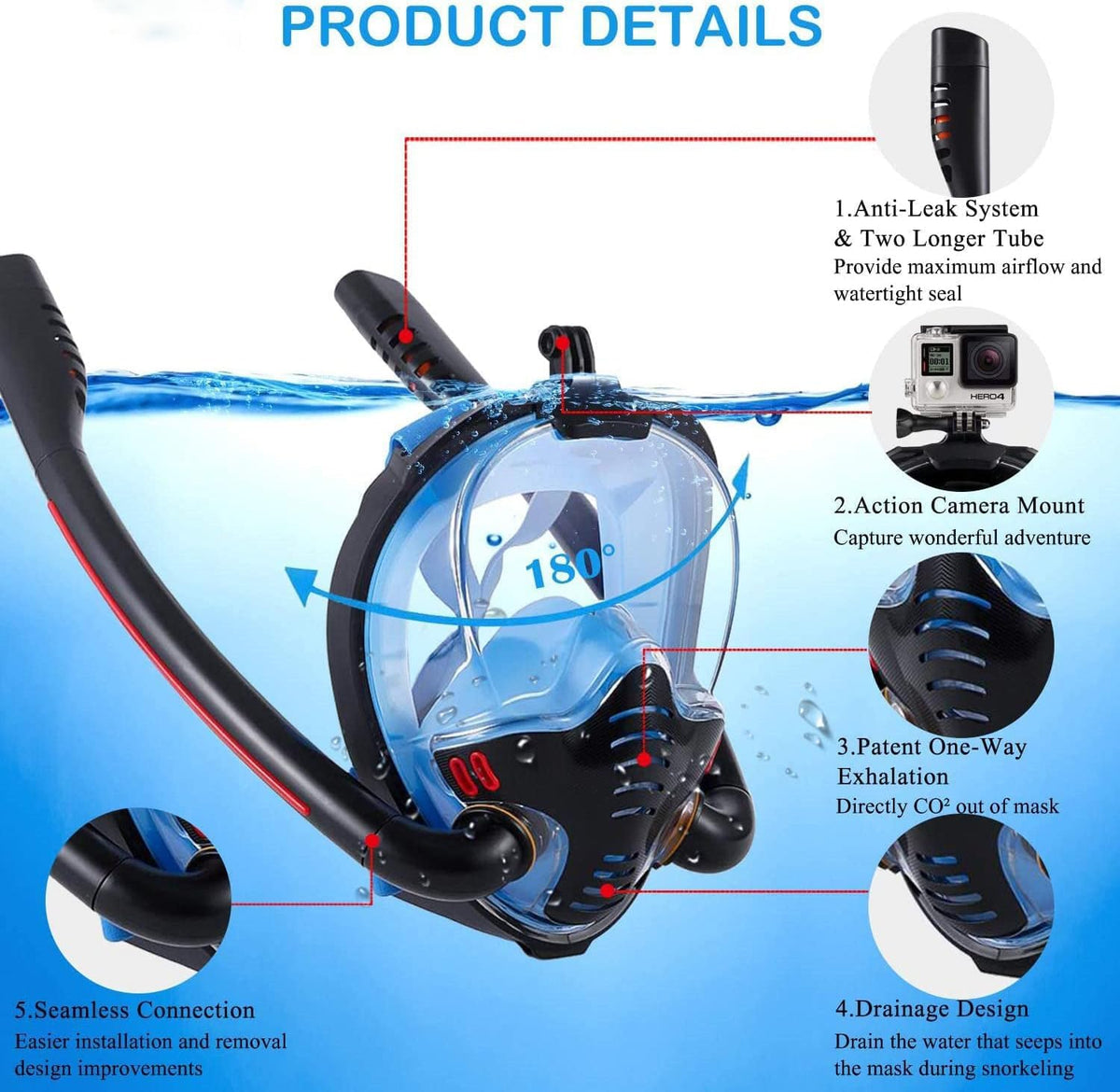Full Face Snorkel Mask 180° Panoramic View with Anti Fog Cloth