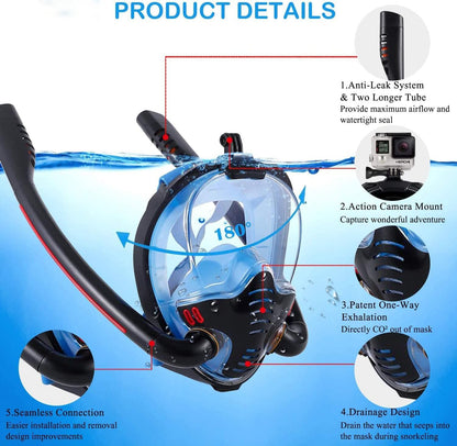 Full Face Snorkel Mask 180° Panoramic View with Anti Fog Cloth