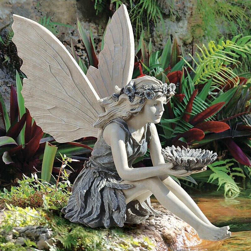 Garden Fairy Statue Resin Bird Bath Outdoor Yard Decor