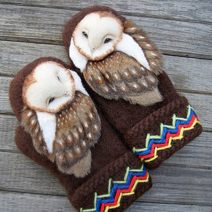 Hand Knitted Wool Owl Winter Mittens