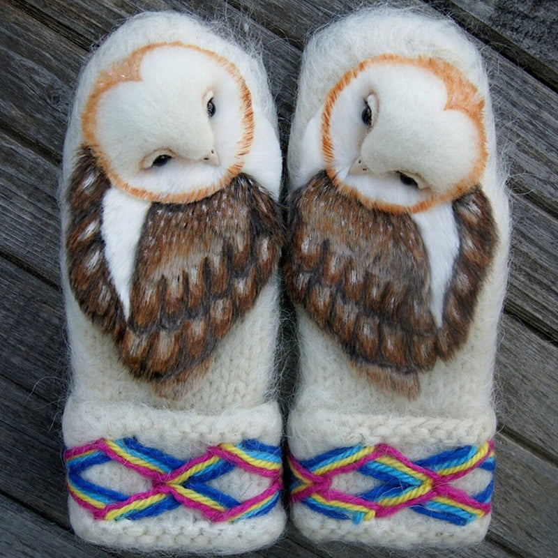 Hand Knitted Wool Owl Winter Mittens