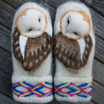 Hand Knitted Wool Owl Winter Mittens