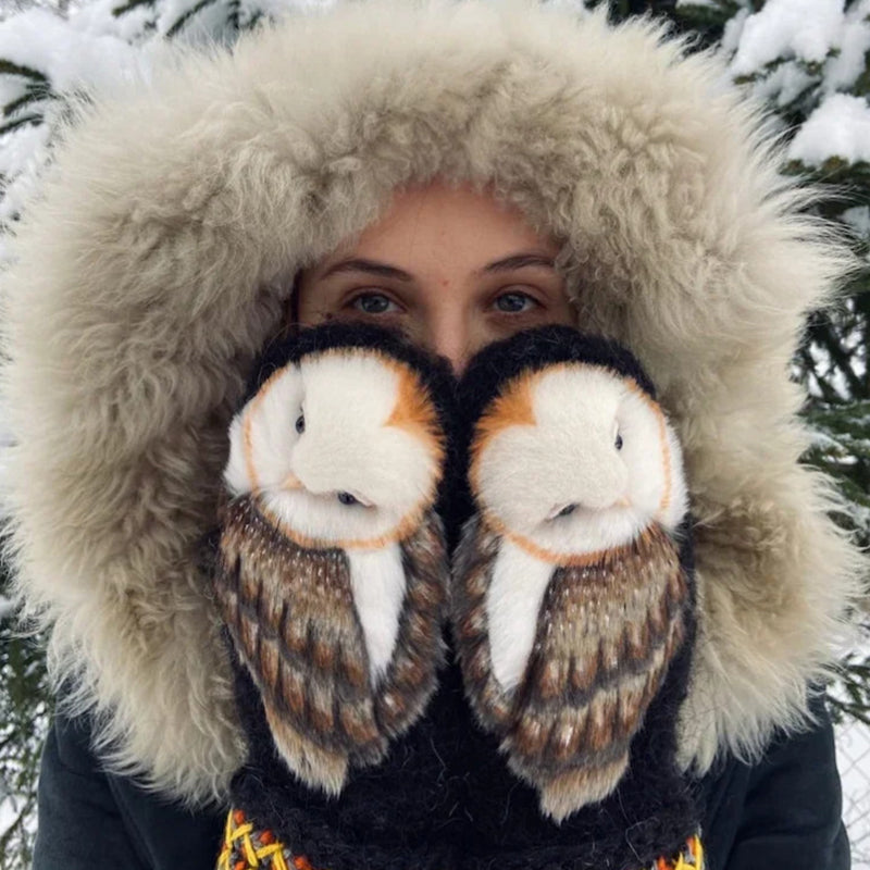 Hand Knitted Wool Owl Winter Mittens