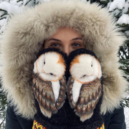 Hand Knitted Wool Owl Winter Mittens