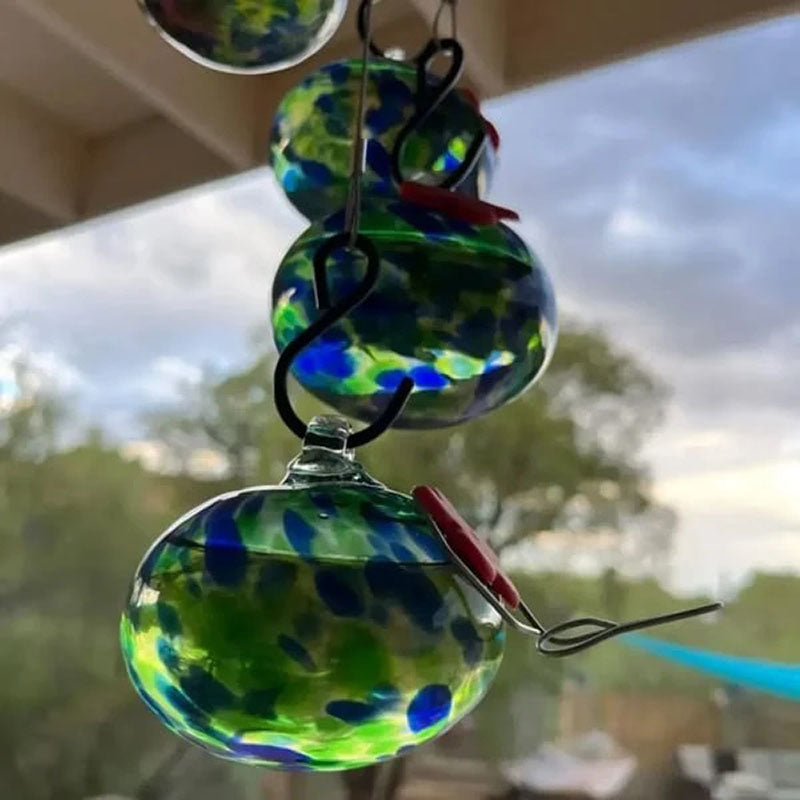Handcrafted Glass Hummingbird Feeder with Decorative Wind Chime