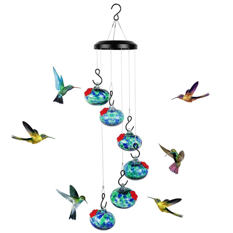 Handcrafted Glass Hummingbird Feeder with Decorative Wind Chime