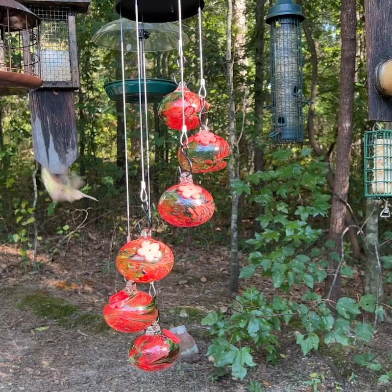 Handcrafted Glass Hummingbird Feeder with Decorative Wind Chime