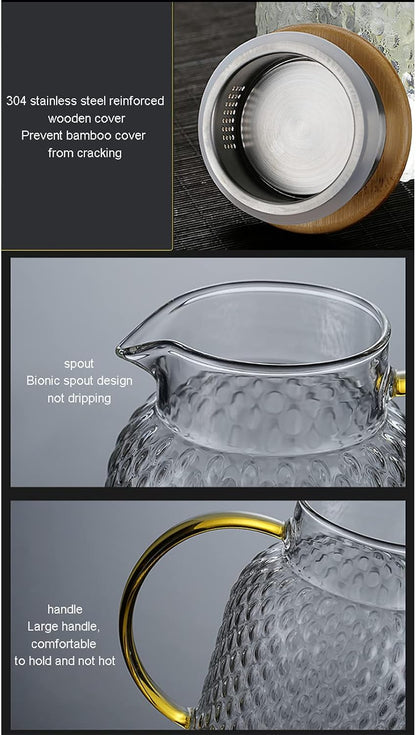 Heat Resistant Textured Glass Pitcher with Bamboo Lid