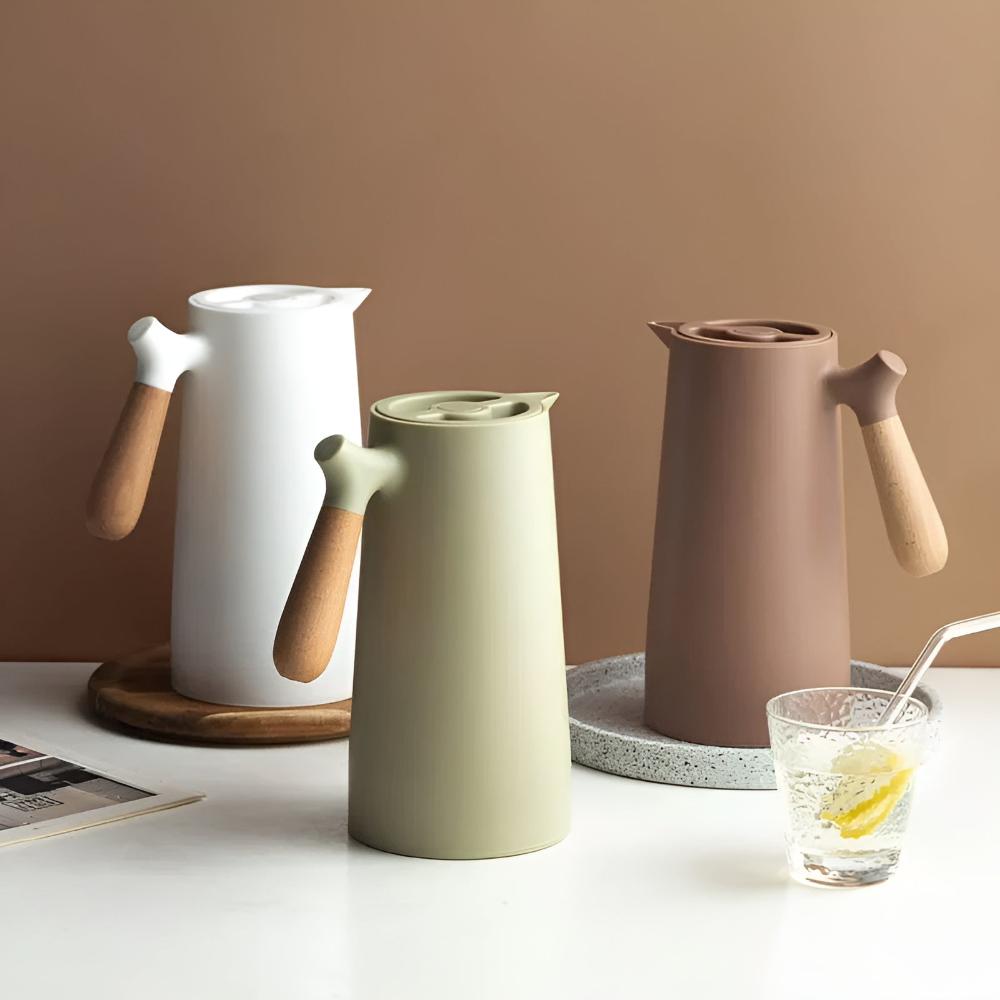 Insulated Vacuum Carafe with Wooden Handle 1L Hot Cold Beverage Flask
