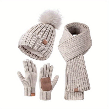 Knitted Winter Hat Scarf and Touchscreen Gloves Set