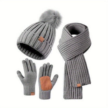 Knitted Winter Hat Scarf and Touchscreen Gloves Set