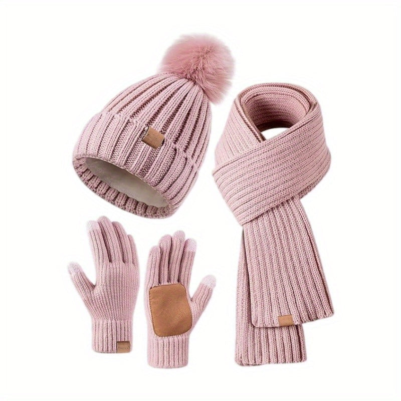 Knitted Winter Hat Scarf and Touchscreen Gloves Set