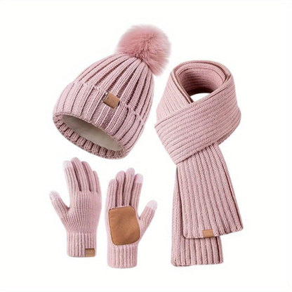 Knitted Winter Hat Scarf and Touchscreen Gloves Set