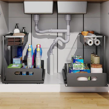 L Shaped Two Tier Under Sink Storage Organizer