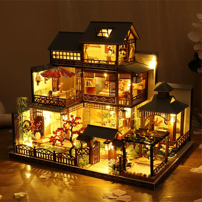Large DIY Wooden Dollhouse Miniature Playhouse with LED Lights