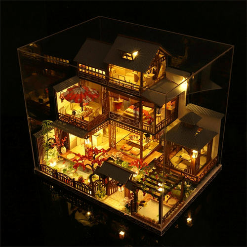 Large DIY Wooden Dollhouse Miniature Playhouse with LED Lights