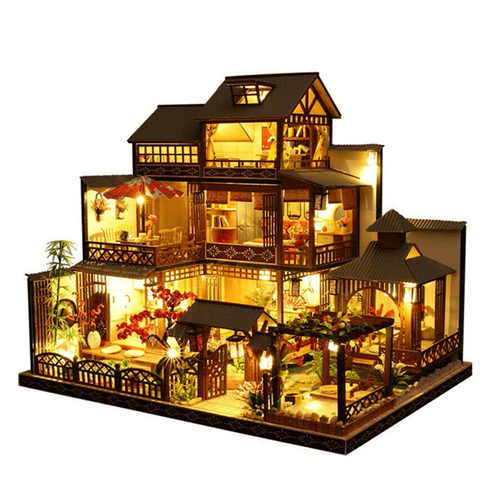 Large DIY Wooden Dollhouse Miniature Playhouse with LED Lights