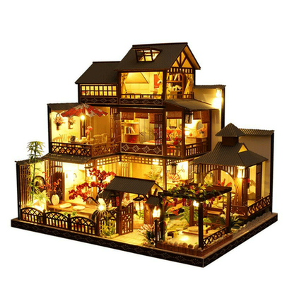 Large DIY Wooden Dollhouse Miniature Playhouse with LED Lights