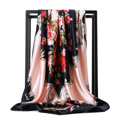 Large Square Silk Scarf 90x90cm Versatile Floral Print