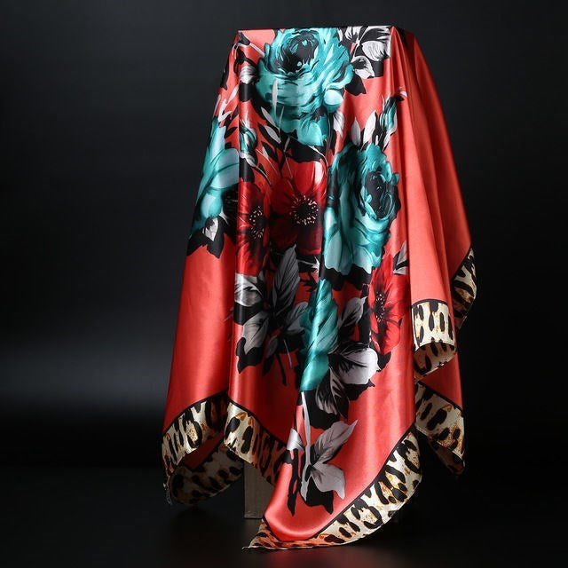 Large Square Silk Scarf 90x90cm Versatile Floral Print