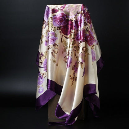 Large Square Silk Scarf 90x90cm Versatile Floral Print