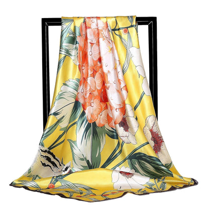 Large Square Silk Scarf 90x90cm Versatile Floral Print