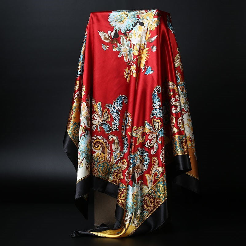 Large Square Silk Scarf 90x90cm Versatile Floral Print