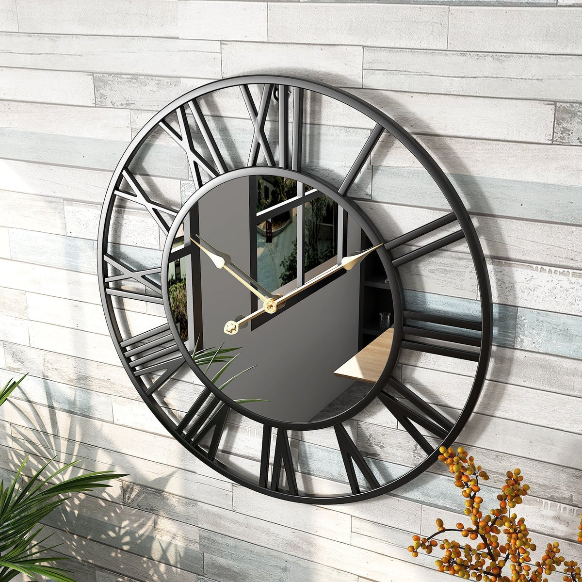 Large Vintage Metal Wall Clock with Mirror 39cm