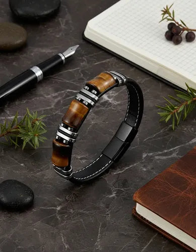 Leather Bracelet with Natural Tiger Eye Stone