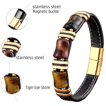Leather Bracelet with Natural Tiger Eye Stone