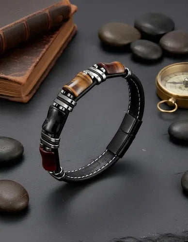 Leather Bracelet with Natural Tiger Eye Stone