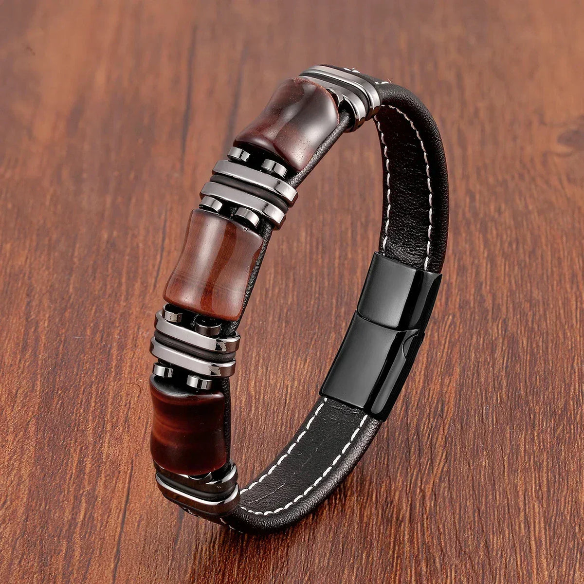 Leather Bracelet with Natural Tiger Eye Stone