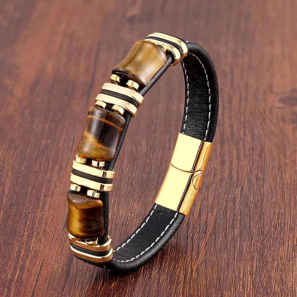 Leather Bracelet with Natural Tiger Eye Stone