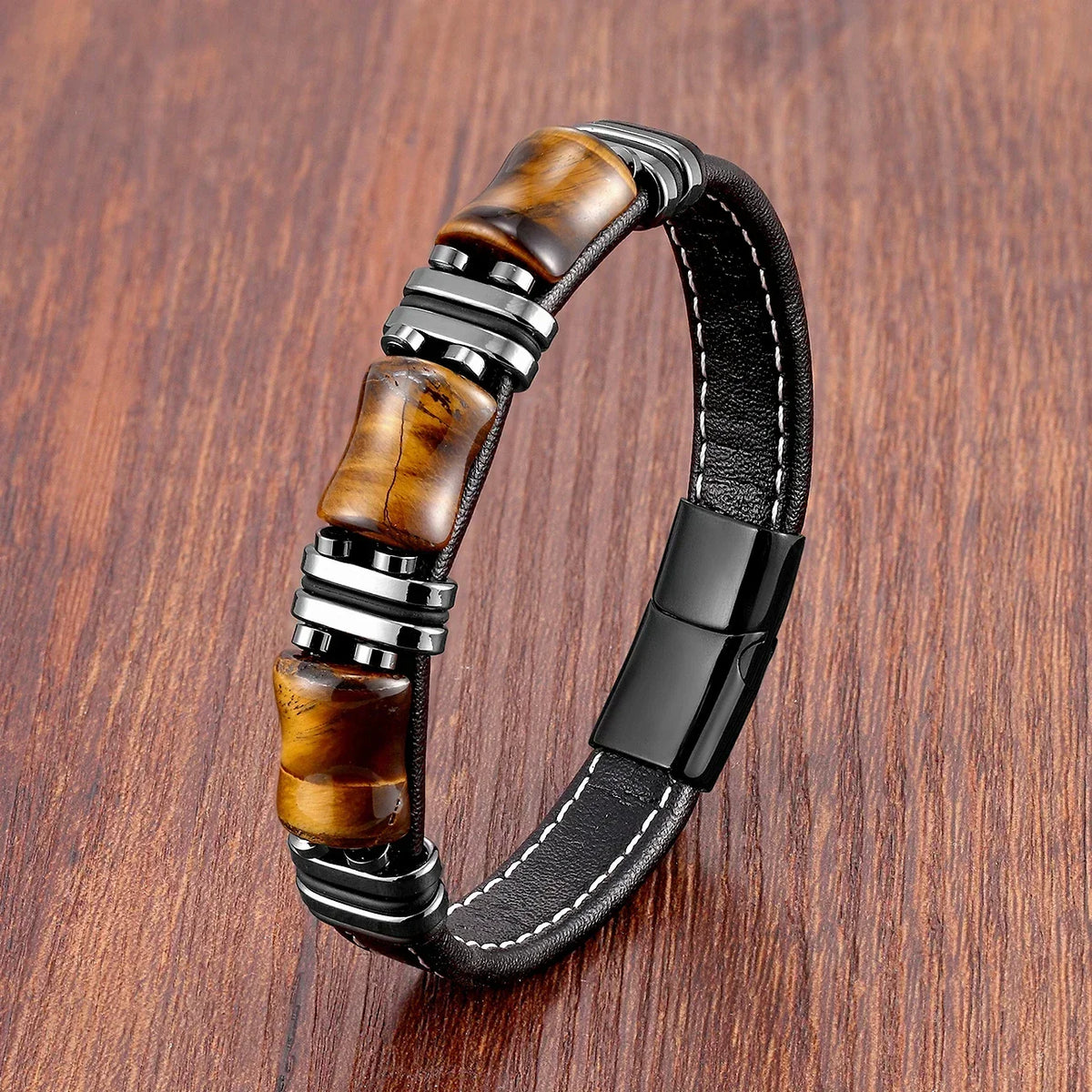 Leather Bracelet with Natural Tiger Eye Stone