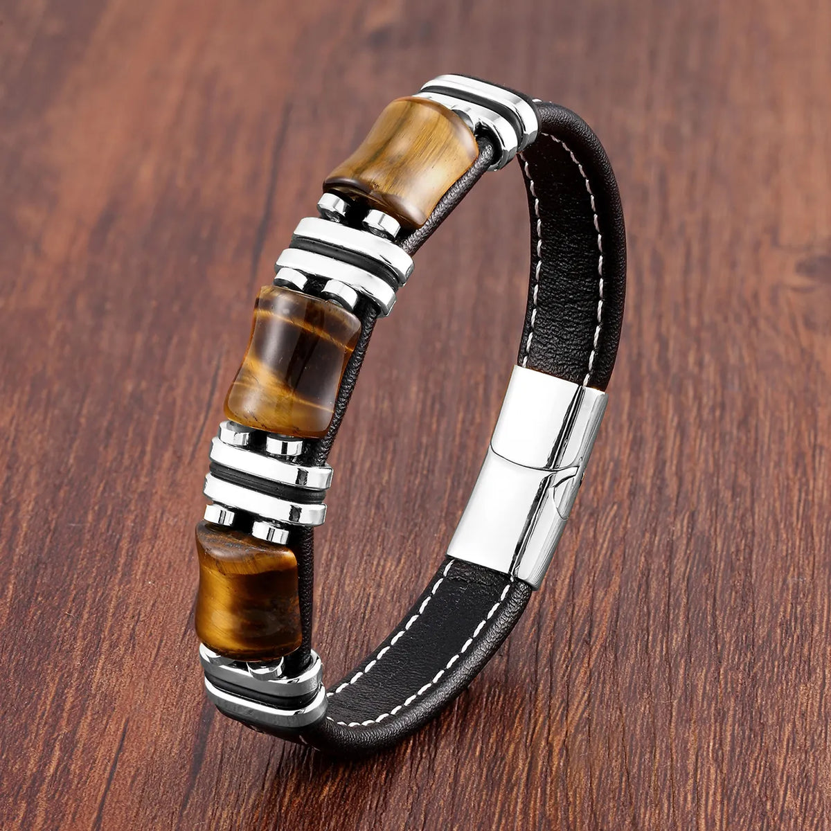 Leather Bracelet with Natural Tiger Eye Stone