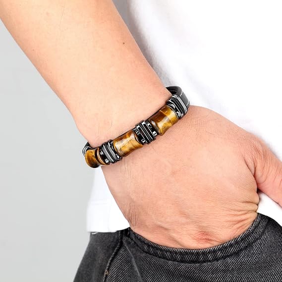 Leather Bracelet with Natural Tiger Eye Stone