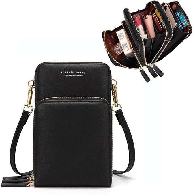 Leather Crossbody Phone Wallet with Triple Closure Card Holder