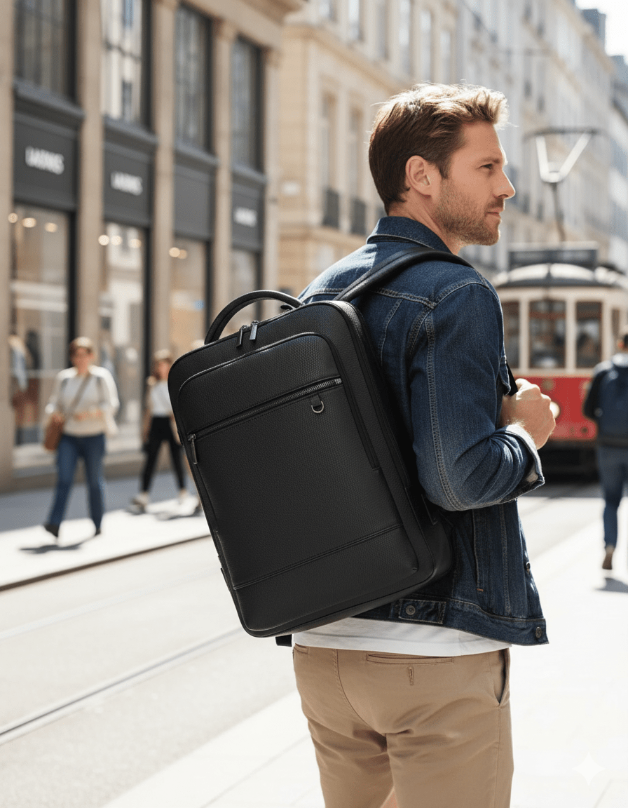 Leather Laptop Backpack with USB Charging Port 15.6 Inch