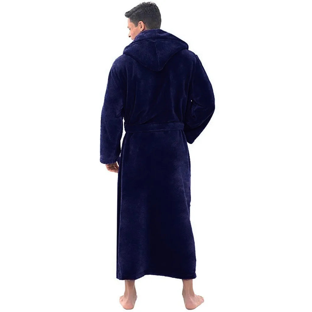 Men's Hooded Plush Bathrobe Soft Long Fleece Robe