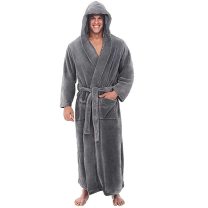 Men's Hooded Plush Bathrobe Soft Long Fleece Robe
