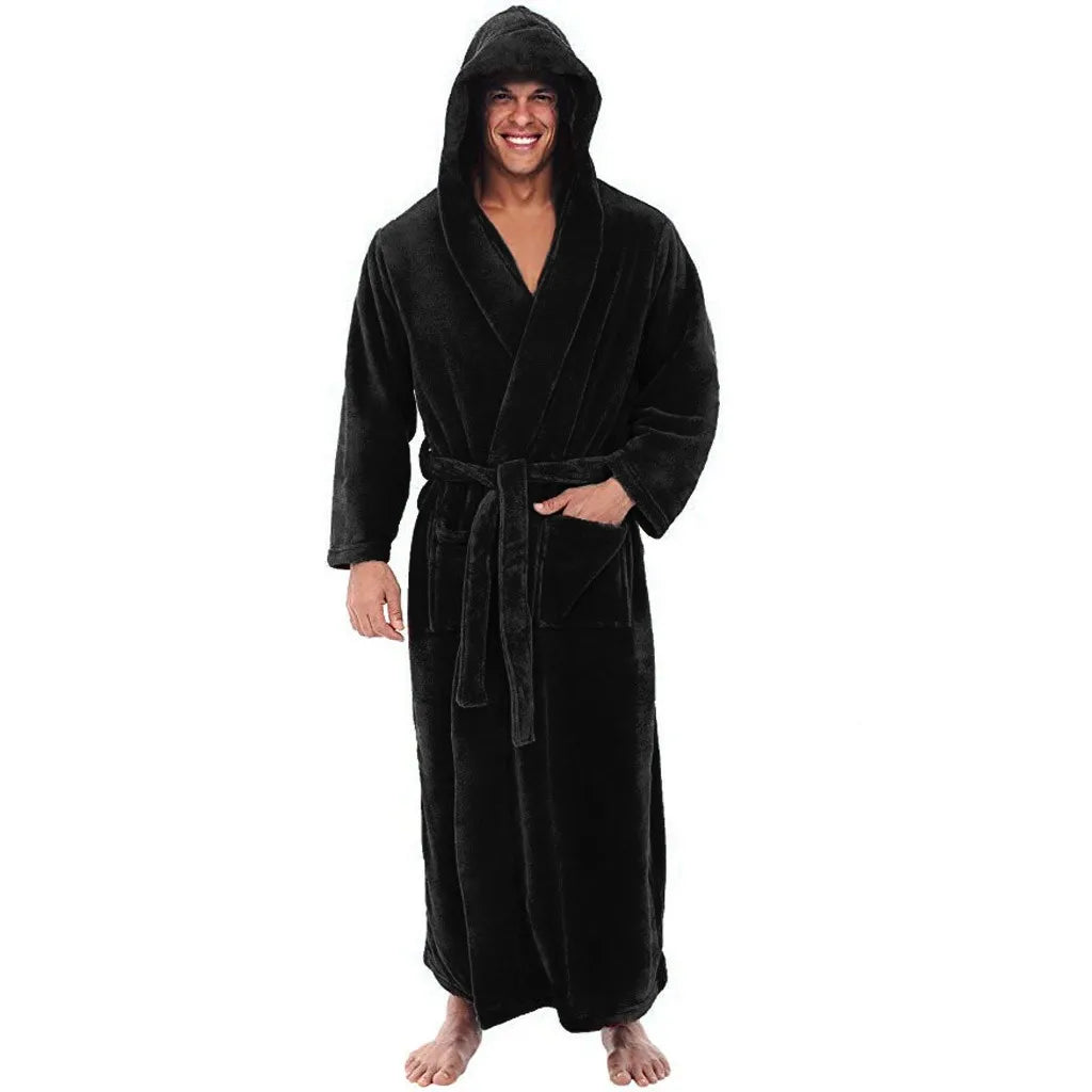 Men's Hooded Plush Bathrobe Soft Long Fleece Robe