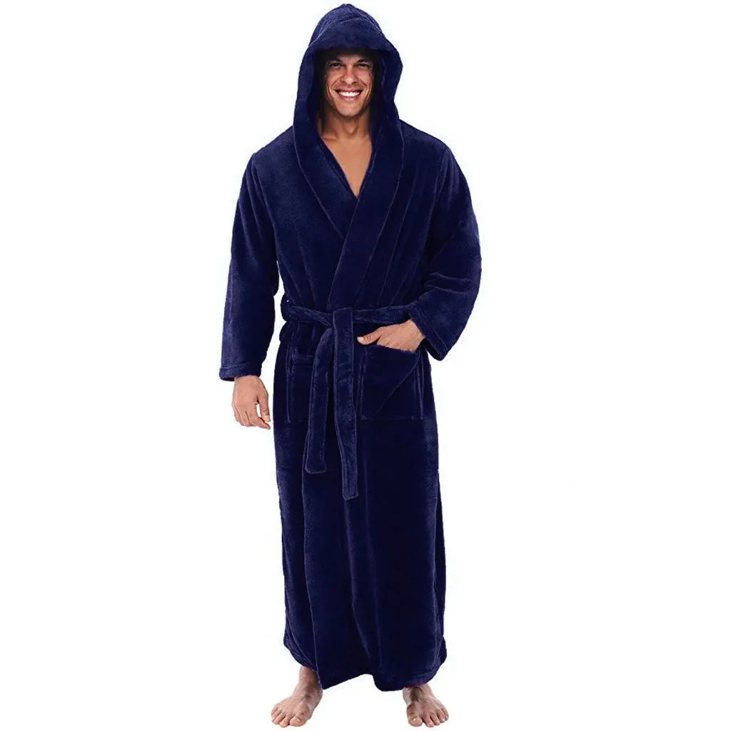 Men's Hooded Plush Bathrobe Soft Long Fleece Robe