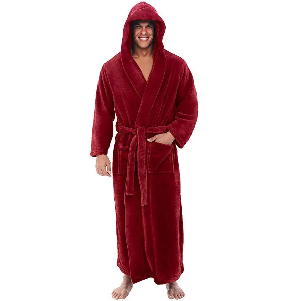 Men's Hooded Plush Bathrobe Soft Long Fleece Robe