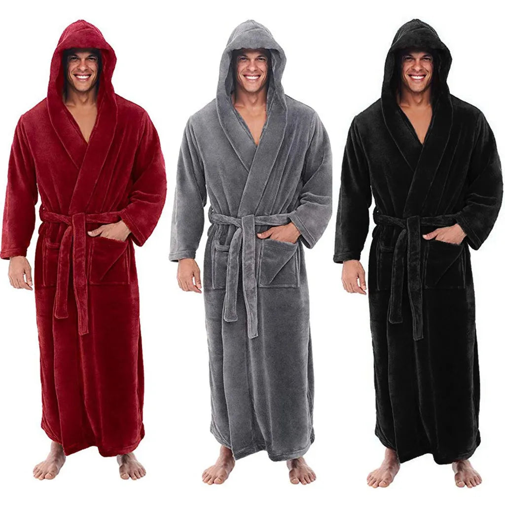 Men's Hooded Plush Bathrobe Soft Long Fleece Robe