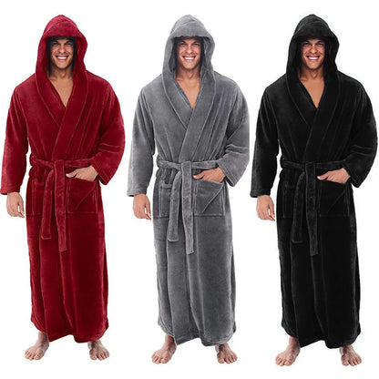Men's Hooded Plush Bathrobe Soft Long Fleece Robe