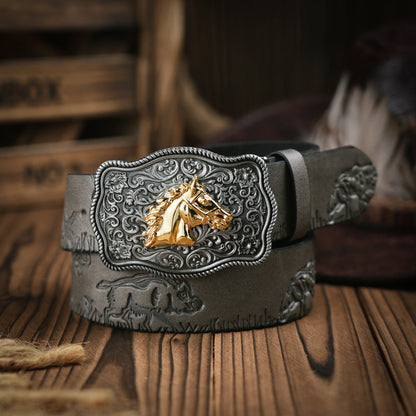 Men's Western Style Vegan Leather Belt with Metal Buckle