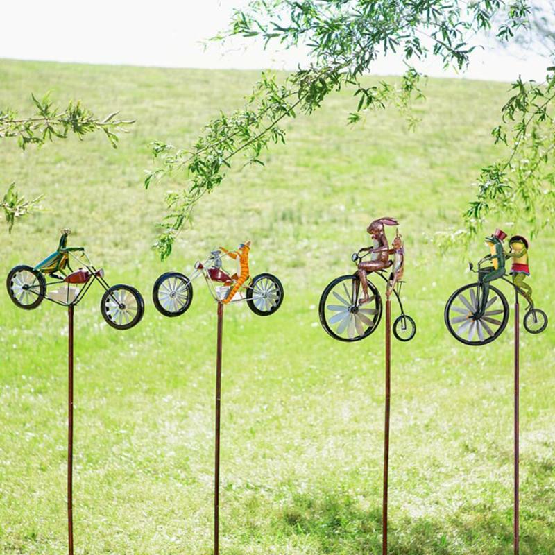 Metal Animal Bicycle Wind Spinner Garden Stake