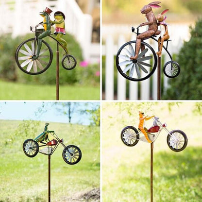 Metal Animal Bicycle Wind Spinner Garden Stake