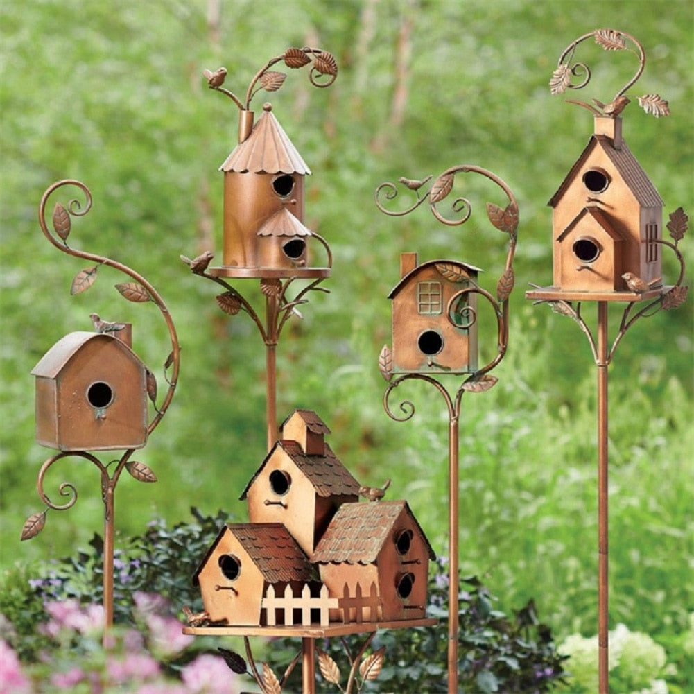 Metal Birdhouse Garden Stake Decorative Outdoor Yard Ornament