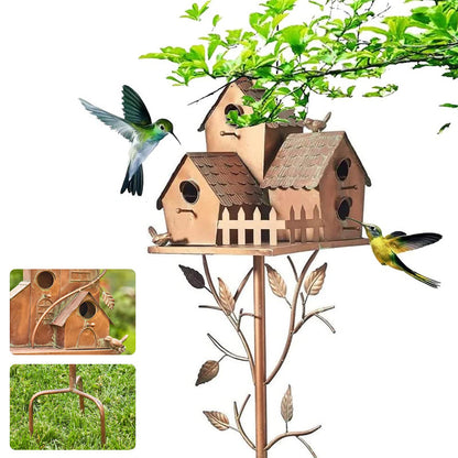 Metal Birdhouse Garden Stake Outdoor Yard Decor